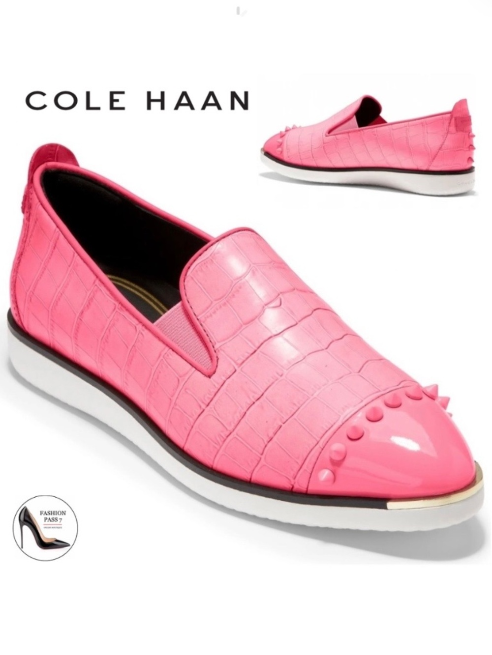 Cole Haan Grand Ambition Pink Croc-Embossed Leather Spiked Sneakers Loafers 6.5